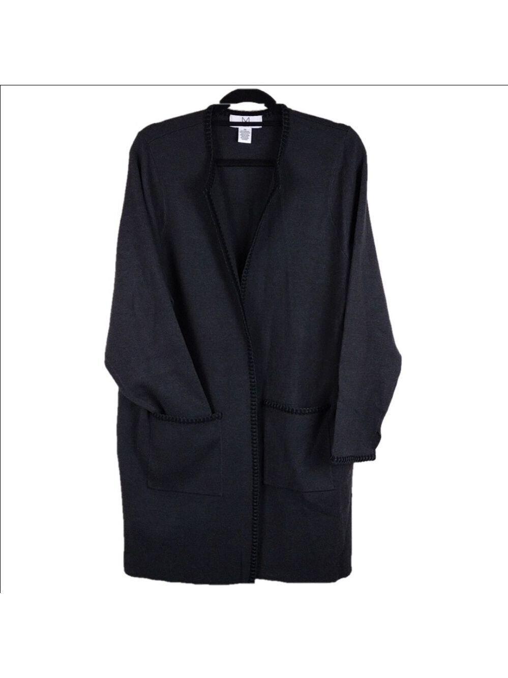 M Magaschoni Woman Black Grey Collarless Long Sleeve Open Front Cardigan Duster